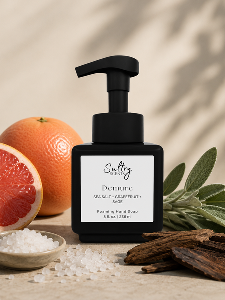 Sultry Scents Demure Wood Sage & Sea Salt inspired foaming hand soap with scent notes grapefruit, sage, wood and sea salt