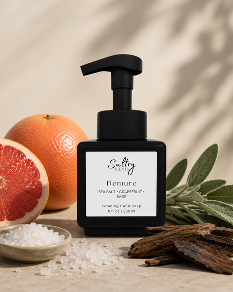Sultry Scents Demure Wood Sage & Sea Salt inspired foaming hand soap with scent notes grapefruit, sage, wood and sea salt