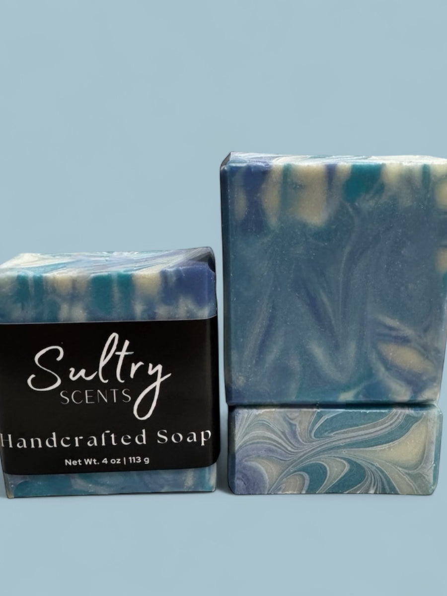 Sultry Scents handcrafted Wood Sage & Sea Salt inspired soap bars with blue and white marbled design