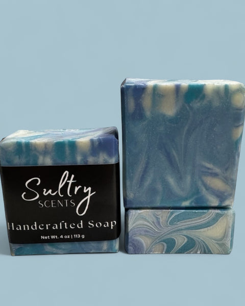 Sultry Scents handcrafted Wood Sage & Sea Salt inspired soap bars with blue and white marbled design