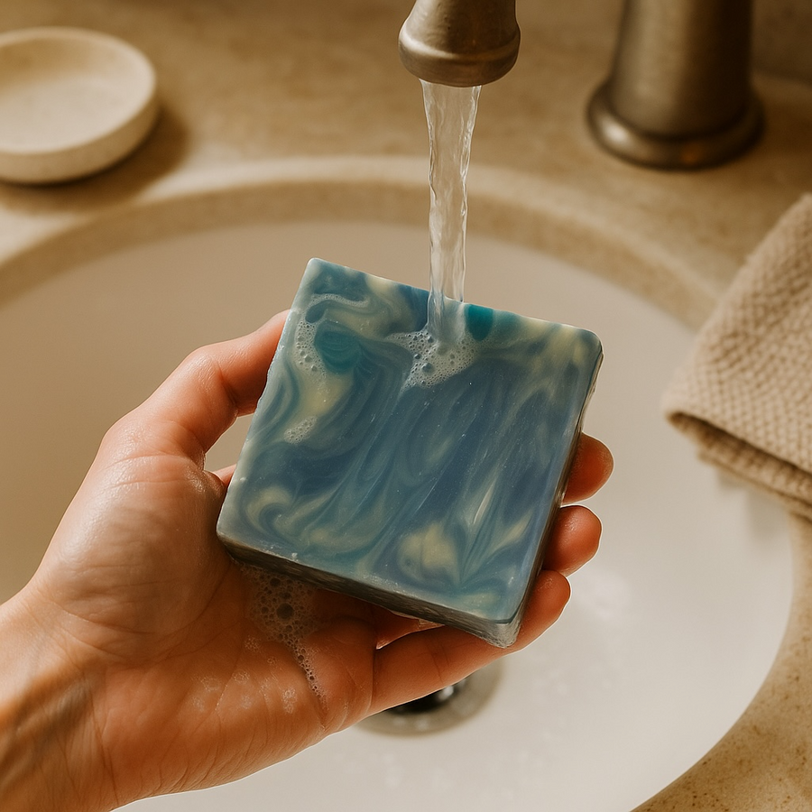 Hand holding blue marbled Wood Sage & Sea Salt inspired soap with water running over it in a bathroom sink