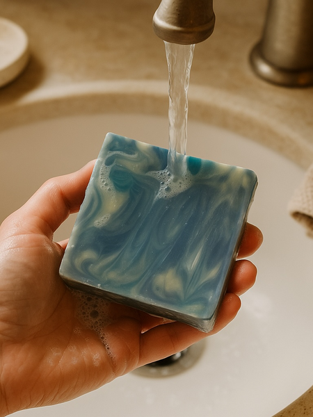 Hand holding blue marbled Wood Sage & Sea Salt inspired soap with water running over it in a bathroom sink