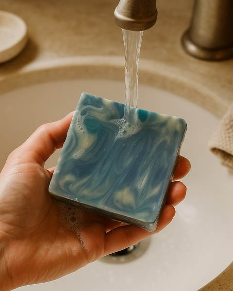 Hand holding blue marbled Wood Sage & Sea Salt inspired soap with water running over it in a bathroom sink