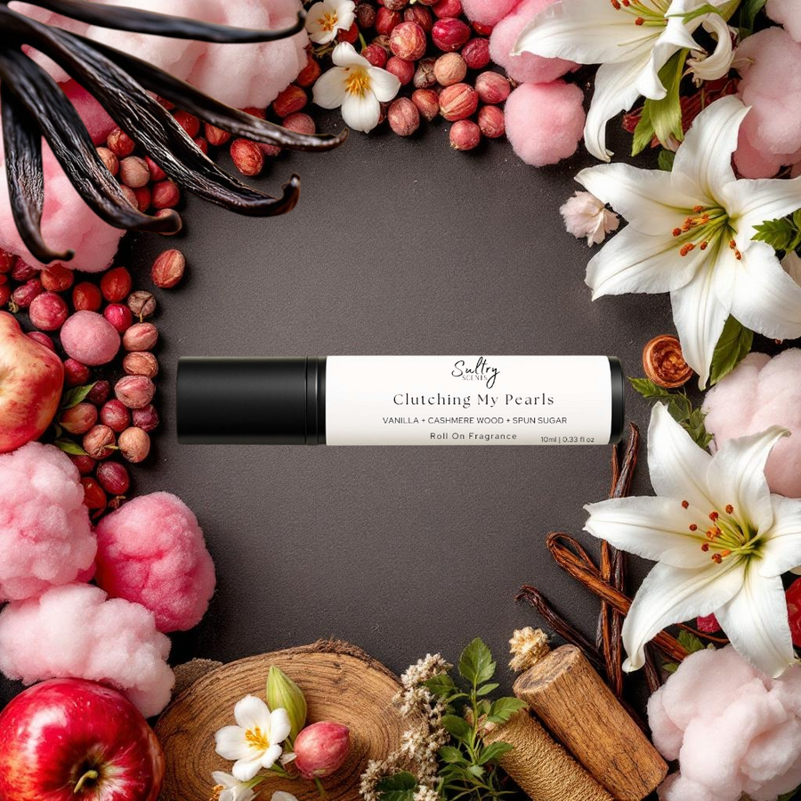 Sultry Scents Vanilla Skin inspired roll-on perfume Clutching My Pearls bottle with vanilla beans lilies wood and apples