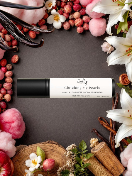Sultry Scents Vanilla Skin inspired roll-on perfume Clutching My Pearls bottle with vanilla beans lilies wood and apples