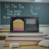 Teacher Gift Soap Set with colorful layers displayed on stacked books in a classroom setting