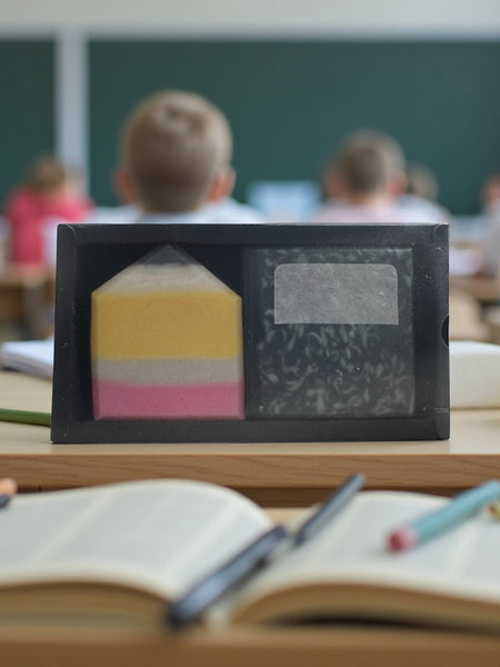 Teacher Gift Soap Set displayed on a classroom desk with students in the background