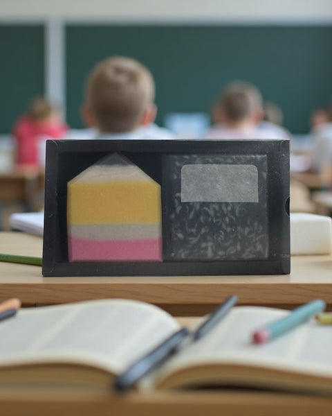 Teacher Gift Soap Set displayed on a classroom desk with students in the background