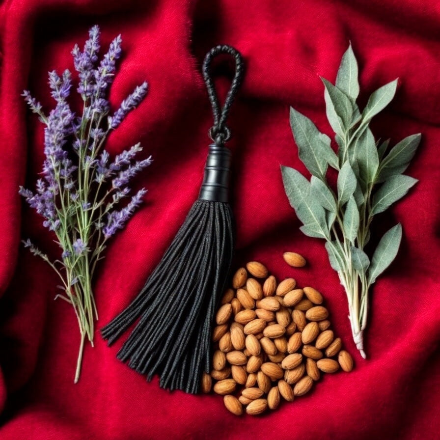 Tom Ford Fucking Fabulous dupe ingredients with lavender, almond nuts, sage leaves, and black tassel on red fabric