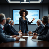 Confident businesswoman presenting in a meeting room with data charts on screen Tom Ford Fucking Fabulous dupe