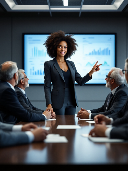 Confident businesswoman presenting in a meeting room with data charts on screen Tom Ford Fucking Fabulous dupe