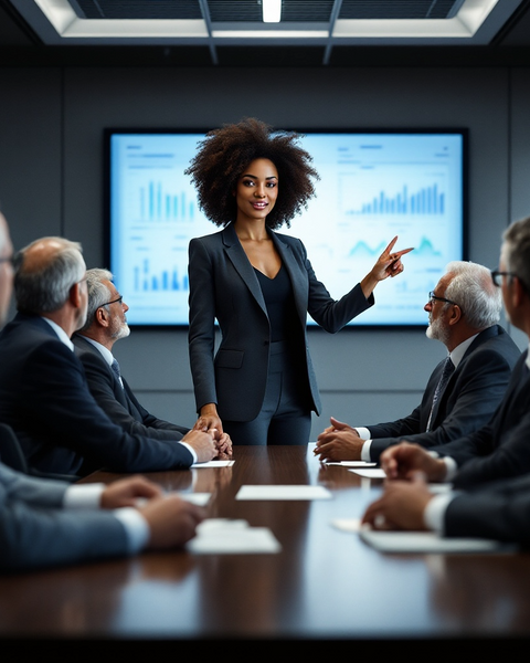 Confident businesswoman presenting in a meeting room with data charts on screen Tom Ford Fucking Fabulous dupe