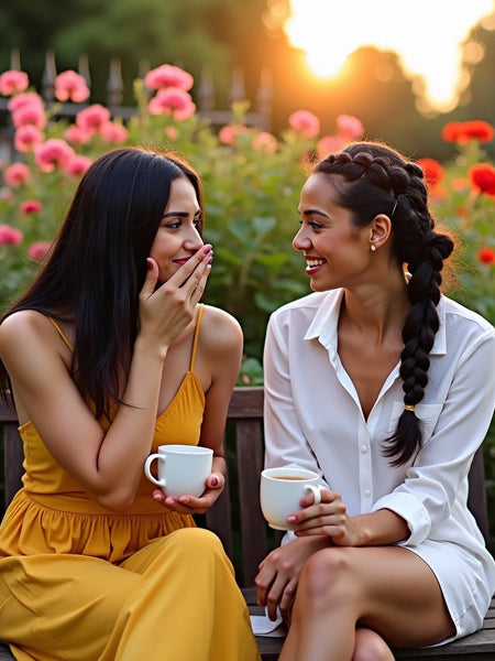 Two women enjoying coffee on a garden bench surrounded by flowers with Ritz hotel inspired foaming hand soap nearby