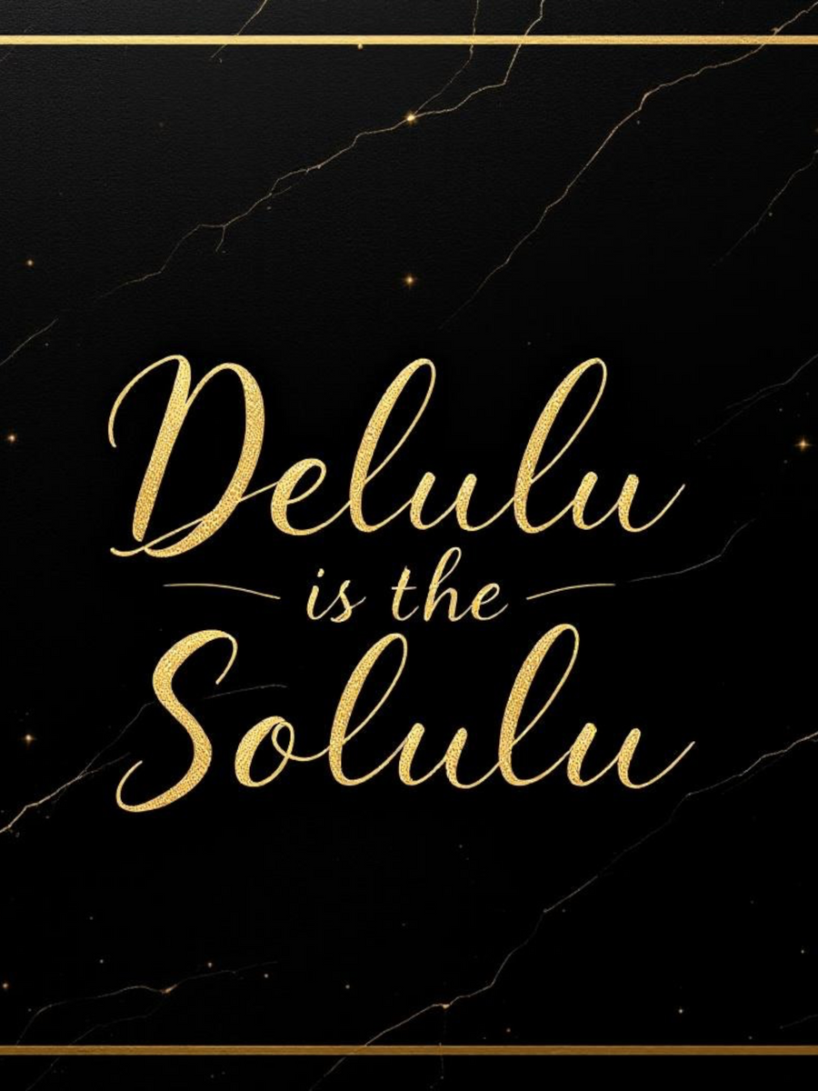 Delulu is the Solulu with elegant gold script on a black marble background representing Sultry Scents Vanilla 28 dupe body spray