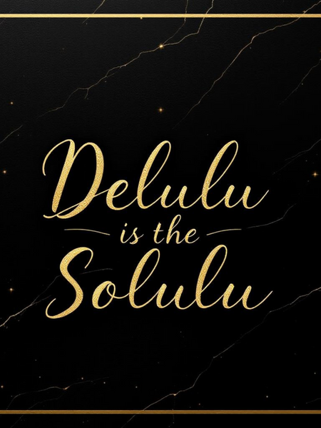 Delulu is the Solulu with elegant gold script on a black marble background representing Sultry Scents Vanilla 28 dupe body spray