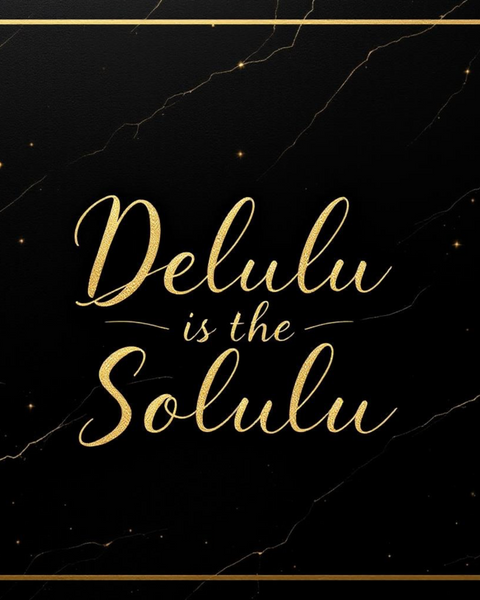 Delulu is the Solulu with elegant gold script on a black marble background representing Sultry Scents Vanilla 28 dupe body spray