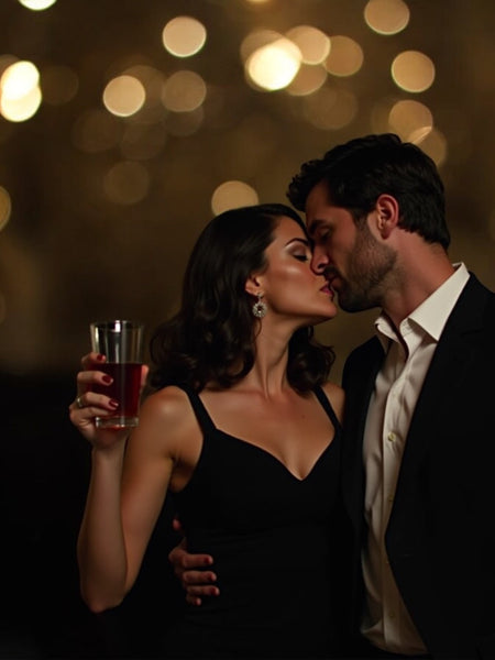 Couple romantically close with woman holding glass in dark setting, promoting Vanilla, patchouli, pomegranate Body Spray