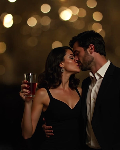 Couple romantically close with woman holding glass in dark setting, promoting Vanilla, patchouli, pomegranate Body Spray