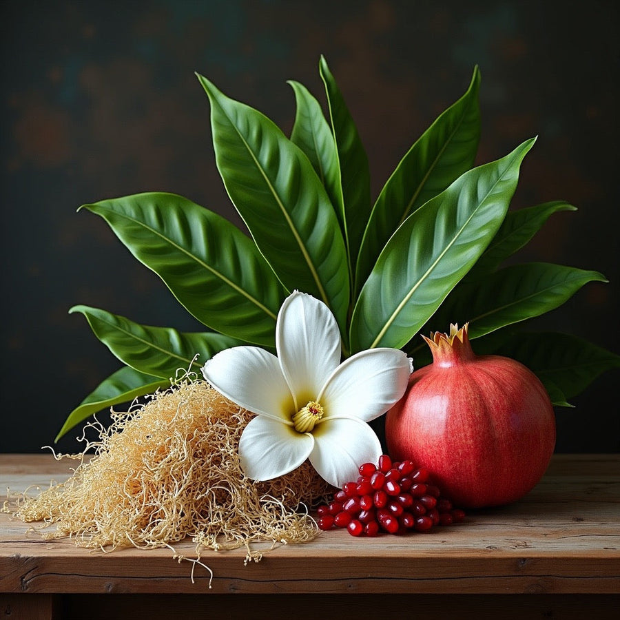 Vanilla flower, patchouli leaves, and pomegranate fruit arranged on wooden surface for Vanilla, patchouli, pomegranate Body Spray