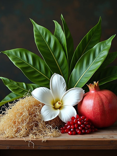 Vanilla flower, patchouli leaves, and pomegranate fruit arranged on wooden surface for Vanilla, patchouli, pomegranate Body Spray