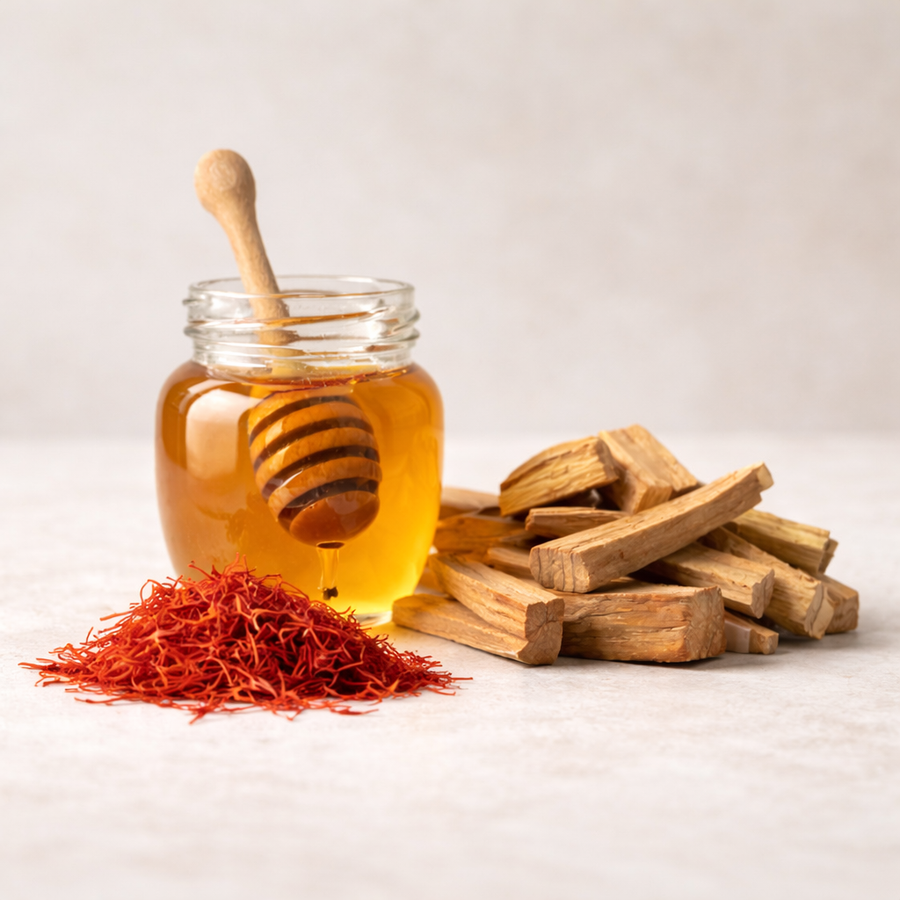 Scent notes for Velvet Honey Santal inspired body spray including honey, saffron, and sandalwood pieces