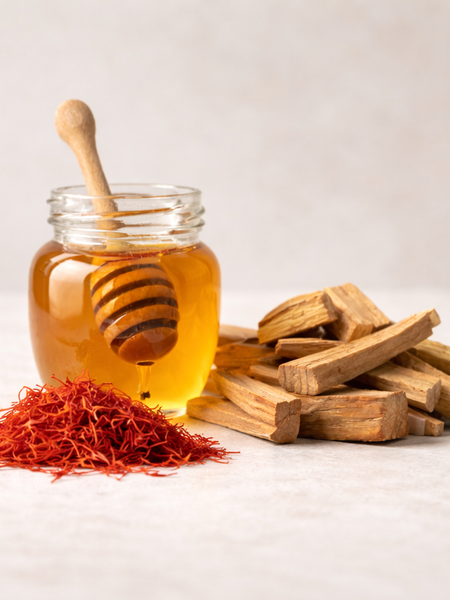 Scent notes for Velvet Honey Santal inspired body spray including honey, saffron, and sandalwood pieces