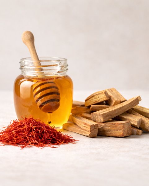 Scent notes for Velvet Honey Santal inspired body spray including honey, saffron, and sandalwood pieces