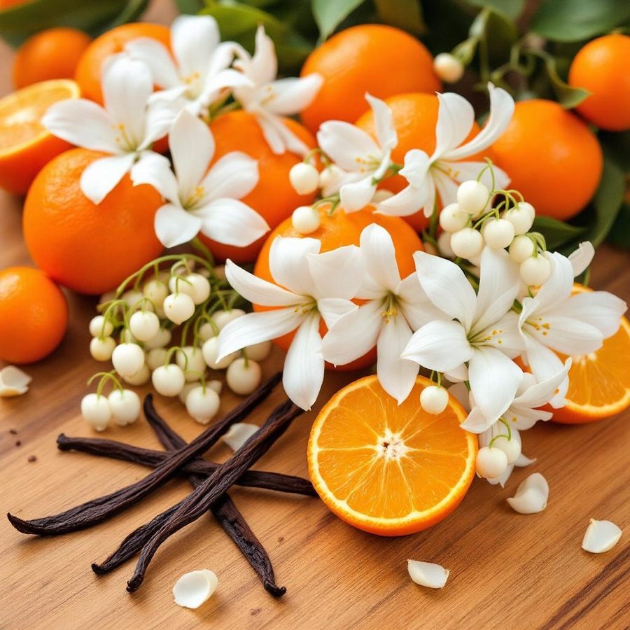 Fresh oranges, vanilla, and Lily of the Valley and Jasmine representing the scent ingredients of Viva La Juicy Body Spray Dupe