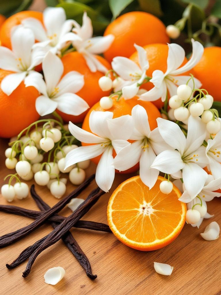 Fresh oranges, vanilla, and Lily of the Valley and Jasmine representing the scent ingredients of Viva La Juicy Body Spray Dupe