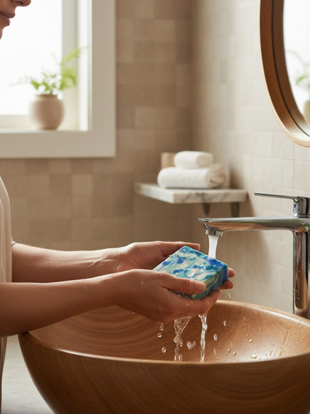 Person washing hands with Jo Malone Wood Sage & Sea Salt inspired soap at a modern bathroom sink